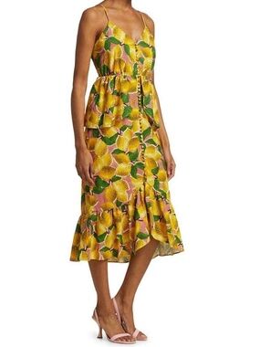 FARM RIO Fresh Lemons Ruffle Linen Midi Dress